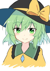 Rule 34 | 1girl, black hat, blouse, blush, bow, closed mouth, collar, collared shirt, crystal, e.o., frills, green eyes, green hair, hair between eyes, hat, hat bow, highres, jewelry, komeiji koishi, looking at viewer, shirt, short hair, short sleeves, simple background, smile, solo, touhou, upper body, white background, yellow bow, yellow shirt, yellow sleeves