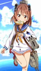 Rule 34 | 10s, 1girl, binoculars, blush, bread slice, brown eyes, brown hair, day, dress, food, food in mouth, highres, kantai collection, leg up, looking at viewer, mouth hold, personification, sailor dress, school uniform, serafuku, shoes, short hair, sky, smile, solo, tantan men (dragon), toast, toast in mouth, yukikaze (kancolle)