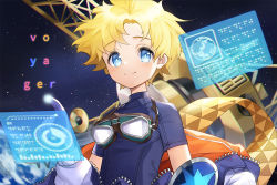 Rule 34 | 1boy, black shirt, blonde hair, blue eyes, character name, earth (planet), fate/grand order, fate/requiem, fate (series), gloves, goggles, goggles around neck, holographic interface, hongsi, male focus, planet, scarf, unworn scarf, shirt, smile, space, voyager, voyager (fate), voyager (third ascension) (fate), white gloves