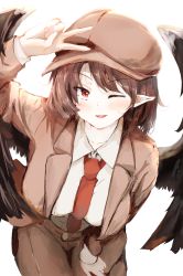 Rule 34 | 1girl, between breasts, bird wings, black wings, blush, breasts, brown hair, brown hat, brown jacket, brown shorts, cabbie hat, collared shirt, commentary request, feathered wings, flat cap, hat, highres, inakamon (01738), jacket, leaning forward, medium breasts, necktie, necktie between breasts, open mouth, pointy ears, red eyes, red necktie, shameimaru aya, shameimaru aya (newsboy), shirt, short hair, shorts, simple background, suit jacket, touhou, v, white background, white shirt, wings