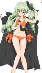 Rule 34 | 1girl, absurdres, adjusting hair, alternate hairstyle, anchovy (girls und panzer), bikini, black cape, blush, breasts, cape, closed mouth, color guide, commentary, derivative work, drill hair, drops mint, girls und panzer, green hair, hair down, unworn headwear, highres, holding, holding ribbon, legs, light smile, long hair, looking at viewer, lying, medium breasts, navel, on back, orange bikini, red eyes, ribbon, side-tie bikini bottom, solo, swimsuit, thigh gap, twin drills, twintails