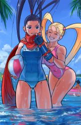 Rule 34 | 4girls, alternate costume, antenna hair, arm guards, ball, beach, beachball, black hair, blanka, blonde hair, blue eyes, cammy white, closed eyes, commentary, competition swimsuit, english commentary, fingerless gloves, gloves, gluteal fold, high ponytail, highres, ibuki (street fighter), innertube, looking at viewer, makoto (street fighter), multiple girls, ocean, one-piece swimsuit, overlord jc, rainbow mika, red scarf, scarf, smile, street fighter, street fighter iii (series), street fighter v, swim ring, swimsuit, thigh gap, twintails, water, wet