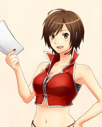 Rule 34 | 1girl, breasts, brown eyes, brown hair, cleavage, collarbone, crop top, hand on own hip, headset, holding, jacket, mashiro (sora1031), meiko (vocaloid), midriff, nail polish, navel, open mouth, paper, red nails, short hair, smile, solo, upper body, vocaloid, zipper