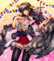 Rule 34 | 10s, 1girl, black footwear, black hair, black thighhighs, boots, brown eyes, cannon, detached sleeves, hairband, haruna (kancolle), highres, john r, kantai collection, long hair, nontraditional miko, ribbon-trimmed sleeves, ribbon trim, solo, standing, thigh boots, thighhighs, turret, zettai ryouiki