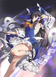 Rule 34 | 1girl, ahoge, alternate color, arm up, armpits, ascot, bandages, bare shoulders, black background, black footwear, blue bow, blue dress, bow, breasts, chinese commentary, closed mouth, collared dress, commentary request, detached sleeves, dress, eyelashes, frills, gohei, gradient background, grey background, grey hair, hair between eyes, hair bow, hakurei reimu, hands up, leg up, long hair, long sleeves, looking to the side, medium breasts, ofuda, orb, player 2, purple eyes, shika lq, shoes, socks, solo, spell card, standing, standing on one leg, touhou, white socks, wide sleeves, yellow ascot, yin yang, yin yang orb