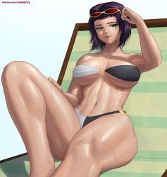 Rule 34 | 1girl, bikini, breasts, commentary, commission, cowboy bebop, english commentary, eyewear on head, faye valentine, green eyes, highres, large breasts, o-ring, o-ring bikini, o-ring bottom, o-ring top, purple hair, red-tinted eyewear, short hair, simple background, sitting, solo, strapless, strapless bikini, sunglasses, superbusty, swimsuit, thick thighs, thighs, tinted eyewear, two-tone bikini, white background