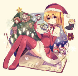 Rule 34 | 6+girls, = =, absurdres, alternate costume, animal costume, antlers, bat wings, blue bow, blue hair, book, boots, bow, box, candy, candy cane, choker, christmas, christmas ornaments, christmas tree, cirno, closed eyes, crescent, crescent pin, daiyousei, embodiment of scarlet devil, flandre scarlet, food, gift, gift box, green hair, hair between eyes, hat, highres, hong meiling, horns, izayoi sakuya, knee boots, koakuma, multiple girls, off-shoulder shirt, off shoulder, patchouli knowledge, purple hair, red choker, red eyes, red hair, red ribbon, reindeer antlers, reindeer costume, remilia scarlet, ribbon, rumia, santa costume, santa hat, shirt, siblings, side ponytail, silver hair, sisters, snow globe, snowflakes, snowman, socks, solid oval eyes, stuffed animal, stuffed toy, subaru (subachoco), teddy bear, thighhighs, touhou, wings, yellow bow