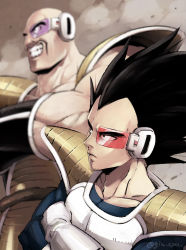 Rule 34 | 2boys, armor, bald, black eyes, black hair, blurry, blurry background, closed mouth, commentary request, crossed arms, dragon ball, dragonball z, gloves, kamimura (gin cpu), male focus, multiple boys, muscular, nappa, scouter, teeth, vegeta, watermark, white gloves