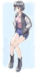 Rule 34 | 1girl, black footwear, black hair, blue background, blue shorts, boots, braid, braided bun, brown eyes, casual, commentary request, cross-laced footwear, cutoffs, denim, denim shorts, full body, hair bun, hands in pockets, highres, jacket, kantai collection, lace-up boots, letterman jacket, long hair, looking at viewer, myoukou (kancolle), pink shirt, shirt, shorts, single hair bun, sitting, solo, suzumaru
