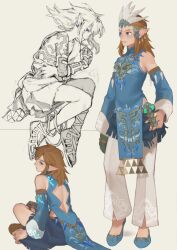 Rule 34 | 1boy, back cutout, bare shoulders, belt, blue eyes, blue footwear, blush, brown hair, clothing cutout, detached sleeves, feather hair ornament, feathers, full body, hair ornament, highres, ivy (sena0119), link, long hair, lying, male focus, multiple views, nintendo, official alternate costume, on side, pants, pointy ears, shoes, sitting, smile, standing, the legend of zelda, the legend of zelda: tears of the kingdom, white pants