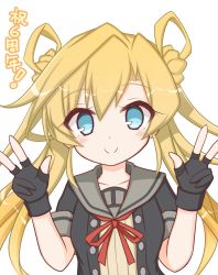 Rule 34 | 1girl, abukuma (kancolle), abukuma kai ni (kancolle), black gloves, black jacket, blonde hair, blue eyes, blush, brown shirt, closed mouth, collarbone, commentary request, double bun, double w, gloves, grey sailor collar, hair between eyes, hair bun, hair rings, hands up, highres, jacket, kantai collection, komakoma (magicaltale), long hair, neck ribbon, open clothes, open jacket, partially fingerless gloves, red ribbon, ribbed shirt, ribbon, sailor collar, shirt, side bun, simple background, smile, solo, translation request, twintails, upper body, very long hair, w, white background