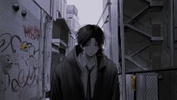 Rule 34 | 1boy, alley, black eyes, black hair, black jacket, black necktie, bruise on neck, cigarette, closed mouth, collared shirt, commentary, commentary request, cu4c2, expressionless, graffiti, head down, highres, hood, hooded jacket, jacket, light blush, looking down, male focus, mole, mole on cheek, mole under eye, mole under mouth, necktie, original, outdoors, parted bangs, shadow, shirt, short hair, smoke, smoking, solo, stairs, upper body, utility pole, white shirt, wire fence