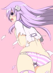Rule 34 | 10s, 1girl, absurdres, ass, blush, butt crack, commentary request, d-pad, female focus, hair ornament, highres, long hair, nepgear, neptune (series), panties, purple eyes, purple hair, shikniful, solo, striped clothes, striped panties, torn clothes, underwear