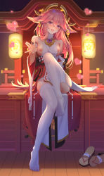 Rule 34 | absurdres, animal ears, blouse, blush, breasts, cum, cum in mouth, detached sleeves, facial, feet, fox ears, fujiko sugi, garter straps, genshin impact, heart, heart-shaped pupils, highres, japanese clothes, kimono, knee up, lantern, long hair, looking at viewer, medium breasts, miko, naughty face, nipples, no shoes, nose blush, pink hair, priestess, purple eyes, pussy juice, shirt, shoes, unworn shoes, sideboob, sitting, sleeveless, sleeveless kimono, sleeveless shirt, smile, solo, sweat, symbol-shaped pupils, thighhighs, tongue, tongue out, white shirt, white thighhighs, wide sleeves, yae miko