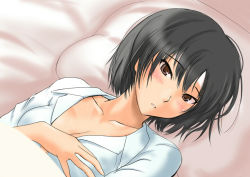 Rule 34 | 1girl, amagami, bed sheet, black hair, blush, bob cut, breasts, brown eyes, cleavage, cold pack, collarbone, commentary request, hand on own chest, looking at viewer, lying, medium breasts, messy hair, murasaki iro, nanasaki ai, on back, pajamas, parted lips, pillow, raised eyebrows, short hair, solo, under covers, upper body