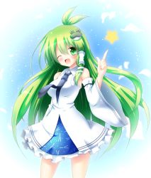 Rule 34 | 1girl, ;p, ahoge, bare shoulders, blouse, breasts, detached sleeves, frog hair ornament, green eyes, green hair, hair ornament, hair tubes, highres, kochiya sanae, long hair, matching hair/eyes, one eye closed, open mouth, osashin (osada), shirt, smile, snake hair ornament, solo, star (symbol), tongue, tongue out, touhou, very long hair, wild and horned hermit, wink
