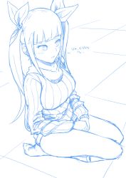 Rule 34 | 10s, 1girl, blue theme, breasts, conception: ore no kodomo wo undekure!, conception ore no kodomo wo undekure!, embarrassed, english text, hair ribbon, maydrawfag, monochrome, no pants, ribbed sweater, ribbon, ruka (conception), seiza, sitting, socks, solo, spike (company), sweater, twintails