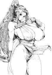 Rule 34 | 1girl, absurdres, alternate breast size, areola slip, bonten, breasts, covered erect nipples, curvy, fatal fury, female focus, hand fan, high ponytail, highleg, highleg leotard, highres, holding, holding fan, huge breasts, japanese clothes, large areolae, leotard, leotard under clothes, lips, long hair, looking at viewer, monochrome, no bra, ponytail, revealing clothes, shiranui mai, sideboob, simple background, smile, solo, standing, the king of fighters, thong leotard, traditional media, very long hair, wide hips