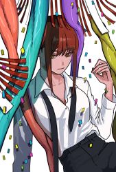 Rule 34 | 1girl, bithmath, black necktie, black pants, braid, braided ponytail, breasts, business suit, chainsaw man, collared shirt, colorful, confetti, expressionless, eyelashes, formal, high-waist pants, highres, intestines, makima (chainsaw man), necktie, office lady, pants, red hair, ringed eyes, shirt, shirt tucked in, sitting, suit, unbuttoned, yellow eyes