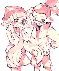 Rule 34 | 1boy, 1girl, absurdres, beanie, blush, cowboy shot, ear blush, grin, hand on own head, hand on own hip, hands on own face, hands up, hat, highres, inari1369, inkling, inkling boy, inkling girl, inkling player character, long hair, long sleeves, miniskirt, nintendo, open mouth, pointy ears, ponytail, short hair, shorts, simple background, skirt, sleeves past elbows, smile, splatoon (series), suction cups, tentacle hair, white background