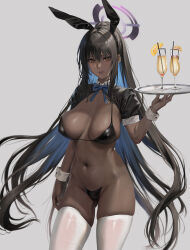 Rule 34 | 1girl, animal ears, arm at side, bare shoulders, bikini, bikini top only, black bikini, black hair, blue archive, blue bow, blue bowtie, border, bottomless, bow, bowtie, breasts, breasts apart, closed mouth, cup, dark-skinned female, dark skin, detached collar, drinking straw, fake animal ears, gluteal fold, hair between eyes, hand up, highres, holding, holding tray, jeneral, karin (blue archive), karin (bunny) (blue archive), large breasts, long hair, looking at viewer, maebari, micro bikini, mixed-language commentary, navel, number tattoo, official alternate costume, outside border, ponytail, rabbit ears, shoulder tattoo, simple background, solo, swimsuit, tattoo, thighhighs, tray, white background, white thighhighs, white wrist cuffs, wrist cuffs, yellow eyes