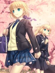 Rule 34 | 2girls, ahoge, artoria caster (fate), artoria pendragon (all), artoria pendragon (fate), bag, bare legs, black skirt, blonde hair, blue ribbon, blue tail, braid, bread, buttons, checkered clothes, checkered skirt, cherry blossoms, closed mouth, collar, eating, fate/grand order, fate/stay night, fate (series), floral background, flower, food, green eyes, hair ribbon, highres, holding, holding bag, jacket, long hair, long sleeves, multiple girls, pink flower, ribbon, saber (fate), school bag, school uniform, shirt, shoori (migiha), skirt, smile, sweater, tail, takeuchi takashi (style), tree, twintails, white shirt, white tail, yellow sweater