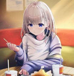 Rule 34 | 1girl, blue eyes, blurry, blurry background, blush, brand name imitation, brown hair, closed mouth, commentary request, cup, depth of field, disposable cup, drinking straw, employee uniform, fast food uniform, food, french fries, highres, holding, holding food, idolmaster, idolmaster shiny colors, indoors, jacket, long sleeves, looking at viewer, mcdonald&#039;s, mini flag, off shoulder, open clothes, open jacket, purple jacket, ryouta (ryouta335), serizawa asahi, shirt, sleeves past wrists, solo, uniform, upper body, v-shaped eyebrows, white shirt