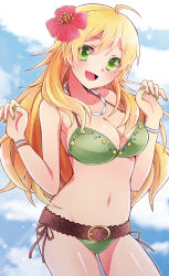 Rule 34 | 1girl, 81 (mellowry), :d, ahoge, belt, bikini, blonde hair, bracelet, breasts, cleavage, cloud, day, female focus, flower, gradient background, green bikini, green eyes, hair flower, hair ornament, highres, hoshii miki, idolmaster, idolmaster (classic), jewelry, large breasts, long hair, looking at viewer, nail polish, navel, necklace, open mouth, sky, smile, solo, stomach, swimsuit