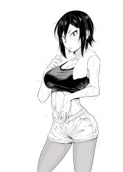 Rule 34 | 1girl, abs, black hair, blush, breasts, female focus, greyscale, highres, hitomi-chan wa hitomishiri, large breasts, looking at viewer, midriff, monochrome, pantyhose, short hair, short shorts, shorts, simple background, solo, sports bra, sportswear, sweat, takano hitomi, tomboy, towel, towel around neck, white background