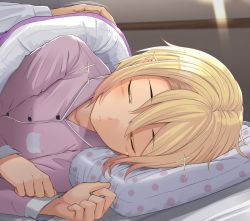 Rule 34 | 1boy, 1girl, blonde hair, blush, closed mouth, commentary request, hair between eyes, highres, kitsunerider, on bed, original, pajamas, pillow, pink pajamas, pink shirt, pov, pov across bed, shirt, short hair, sleeping, smile, solo focus, soneda akane, upper body