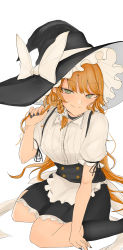 Rule 34 | 1girl, absurdres, alternate eye color, apron, black hat, black nails, black socks, blonde hair, bow, braid, buttons, choker, dress, frilled dress, frilled hat, frilled skirt, frills, green eyes, hat, hat bow, highres, kirisame marisa, kneehighs, long hair, nail polish, necro (nekurodayo), puffy sleeves, side braid, simple background, single braid, skirt, socks, solo, touhou, waist apron, white background, white bow, witch hat