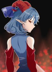 Rule 34 | 1girl, black background, blue hair, closed mouth, curled horns, detached sleeves, earrings, goat horns, highres, horn ornament, horn ribbon, horns, jewelry, looking at viewer, looking back, oni tama, pointy hair, red eyes, red horns, ribbon, short hair, solo, touhou, toutetsu yuuma, upper body