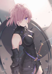 Rule 34 | 1girl, armor, armored dress, artist name, bare shoulders, black dress, blush, breasts, commentary request, dress, fate/grand order, fate (series), hair over one eye, highres, holding, holding shield, kodamazon, large breasts, light purple hair, looking at viewer, mash kyrielight, o-ring, purple eyes, shield, short hair, solo, sword, weapon