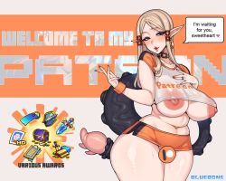 Rule 34 | 1girl, asa (teng zi), blonde hair, blush, breasts, censored, curvy, english text, green eyes, large areolae, large breasts, long hair, looking at viewer, nail polish, nipples, parted lips, patreon, pointy ears, smile, wide hips