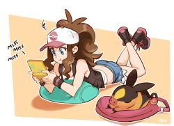 Rule 34 | 1girl, ass, bad id, bad tumblr id, bare shoulders, baseball cap, blue eyes, boots, brown hair, closed eyes, creatures (company), denim, denim shorts, english text, frustrated, game freak, gen 5 pokemon, handheld game console, hat, hilda (pokemon), lying, nintendo, nintendo 3ds, nintendo ds, on stomach, optionaltypo, pillow, playing games, pokemon, pokemon (creature), pokemon bw, ponytail, pout, shoelaces, short shorts, shorts, sleeping, smile, solo focus, tank top, tepig, text focus, vest, wristband