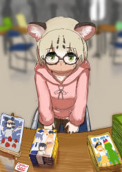 Rule 34 | 1girl, alternate costume, animal ears, blonde hair, brown hair, cat ears, cat girl, chair, commentary request, glasses, green eyes, kemono friends, long sleeves, looking at viewer, looking up, manga (object), margay (kemono friends), mask, multicolored hair, pink mask, pink sweater, sitting, solo, sweater, yumeumi sousaku