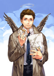 Rule 34 | 1boy, animification, blue eyes, brown hair, burger, castiel, coat, facial hair, food, halo, looking at viewer, male focus, necktie, siruphial, sky, smile, solo, stubble, supernatural (tv series), trench coat, wings