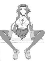 Rule 34 | 00s, 1girl, breasts, choker, cleavage, duel academy uniform (yu-gi-oh! 5d&#039;s), greyscale, izayoi aki, jaga note, jewelry, large breasts, monochrome, necklace, panties, school uniform, short hair, short hair with long locks, solo, spread legs, thighhighs, underwear, yu-gi-oh!, yu-gi-oh! 5d&#039;s
