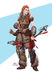 Rule 34 | 1girl, aloy (horizon), arrow (projectile), blue background, boots, bow (weapon), full body, green eyes, highres, holding, holding bow (weapon), holding weapon, horizon (video game), horizon forbidden west, in-hyuk lee, leather, leather boots, leather pants, long hair, looking to the side, orange hair, pants, quiver, short sleeves, signature, solo, standing, two-tone background, weapon, white background