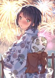 Rule 34 | 1girl, absurdres, alternate costume, backwards hat, bird, black hair, blush, duck, fence, firework background, fireworks, from behind, hand fan, hand on own chest, hat, highres, hololive, japanese clothes, leaf print, looking at viewer, oozora subaru, oozora subaru (duck), open mouth, outdoors, short hair, solo, tagme, tonarikeru, virtual youtuber