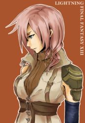 Rule 34 | 1girl, blue eyes, closed mouth, commentary, final fantasy, final fantasy xiii, jacket, lightning farron, long hair, pink hair, sleeveless, solo, upper body