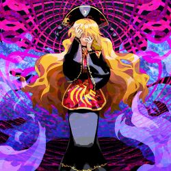Rule 34 | 1girl, black background, black hat, commentary request, hat, junko (touhou), kaigen 1025, pink background, purple background, red tabard, solo, standing, tabard, touhou