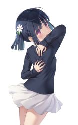 Rule 34 | 1girl, black hair, black shirt, blush, breasts, cowboy shot, flower, hair flower, hair ornament, hands on own back, highres, long sleeves, looking at viewer, miniskirt, na-ga, open mouth, original, purple eyes, shirt, short hair, sidelocks, simple background, skirt, sleeves past wrists, small breasts, solo, standing, white background, white flower, white skirt
