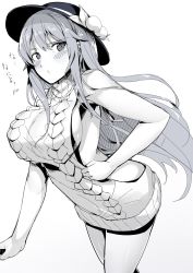 Rule 34 | 1girl, absurdres, aran sweater, backless dress, backless outfit, blush, breasts, cable knit, cowboy shot, dress, food, fruit, greyscale, hat, highres, hinanawi tenshi, large breasts, long hair, meme attire, monochrome, naked sweater, neropaso, peach, sideboob, simple background, solo, sweater, sweater dress, touhou, turtleneck, turtleneck sweater, virgin killer sweater, white background