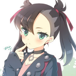Rule 34 | 1girl, asymmetrical bangs, ayamisiro, backpack, bag, black choker, black hair, black jacket, blush, breasts, choker, cleavage, closed mouth, creatures (company), dress, earrings, finger to mouth, game freak, green eyes, hair ribbon, jacket, jewelry, long hair, long sleeves, marnie (pokemon), nintendo, open clothes, open jacket, pink dress, pokemon, pokemon swsh, red ribbon, ribbon, signature, sleeves past wrists, small breasts, solo, twintails, upper body