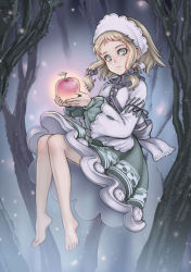 Rule 34 | 1girl, apple, bad id, bad pixiv id, barefoot, blonde hair, blush, dress, floating, food, forest, fruit, full body, green eyes, gretel (grimm), grimm&#039;s fairy tales, hair ornament, hansel and gretel, headdress, highres, kosai takayuki, long sleeves, looking at viewer, medium hair, nature, parted lips, puffy long sleeves, puffy sleeves, solo