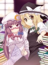 Rule 34 | 2girls, bespectacled, black dress, blonde hair, blush, book, book stack, braid, brown eyes, capelet, crescent, dress, female focus, glasses, grin, hair ribbon, hat, hat ribbon, holding hands, kirisame marisa, long hair, multiple girls, patchouli knowledge, purple dress, purple eyes, purple hair, ribbon, shirt, smile, striped clothes, striped dress, touhou, window, witch, witch hat, yasuhito