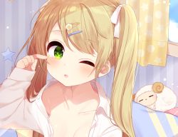 Rule 34 | 1girl, ;o, bad id, bad pixiv id, blush, bow, breasts, closed eyes, collarbone, curtains, green eyes, hair between eyes, hair bow, hair ornament, hairclip, indoors, light brown hair, long hair, long sleeves, looking at viewer, mafuyu (chibi21), one eye closed, open clothes, open shirt, original, parted lips, sheep, shirt, sleepy, sleeves past wrists, small breasts, solo, star (symbol), striped, tears, twintails, vertical stripes, very long hair, waking up, white bow, white shirt, window