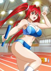 Rule 34 | 00s, 1girl, breasts, brown eyes, cleavage, female focus, hair ornament, ikkitousen, kanpei, large breasts, legs, long hair, long twintails, looking at viewer, midriff, navel, open mouth, red hair, running, smile, solo, twintails, v