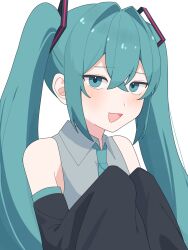Rule 34 | 1girl, :d, bare shoulders, bentou (bentou 1), black sleeves, blue necktie, blush, collared shirt, crossed bangs, detached sleeves, fang, grey shirt, hair between eyes, hair intakes, hair ornament, hatsune miku, highres, long hair, long sleeves, looking at viewer, necktie, open mouth, own hands together, raised eyebrows, shirt, sidelocks, simple background, skin fang, sleeveless, sleeveless shirt, sleeves past fingers, sleeves past wrists, smile, solo, twintails, upper body, very long hair, vocaloid, white background